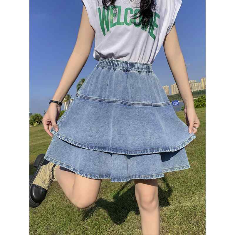 デニムスカート レディース プラスサイズ 膝上丈 Aライン プリーツスカート フレアスカート ハイウエスト ゆったり コットン素材 伸縮性 普段使い カジュアルスタイル デイリーウェア 軽量 通勤対応 秋冬 ブルー系