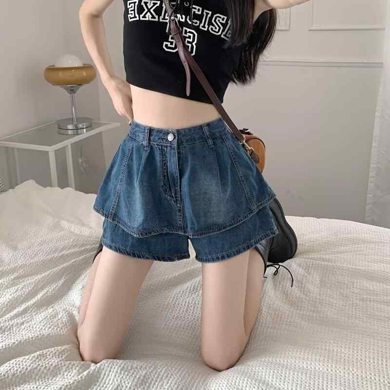 デニムスカート 女性用 夏 韓国 学生向け デザイン性 スパイシー ハイウエスト スリム Aライン ショートパンツ スカート 軽量 伸縮性 吸湿速乾 コットン デニム 再生繊維 ビッグシルエット カジュアル 普段使い アウトドア