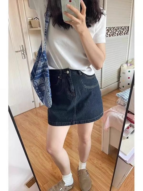 デニムスカート 女性用 夏 ハイウエスト 膝丈 ショート フレア Aライン ビッグサイズ 綿素材 伸縮性 吸湿速乾 遮腹 スリム効果 小柄対応 普段使い 軽量 通勤用 春夏 ダークブルー インディゴブルー カジュアルスタイル