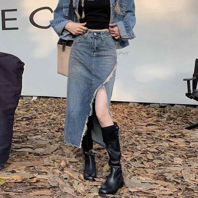 デニムスカート レディース 大きいサイズ 女性用 潮流 ルーズフィット 不規則スリット 牛仔素材 復古 フリンジ中長丈 Aライン タイトシルエット 包臀デザイン ハイウエスト 伸縮性 通勤 普段使い 軽量 デイリーコーデ