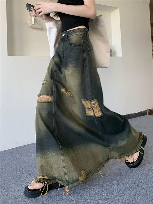 デニムスカート 女性用 ハイウエスト 春夏 破れ加工 スリム効果 中長丈 タイトフィット 膝丈 普段使い 伸縮性 コットン混 ブルー系 カジュアルスタイル