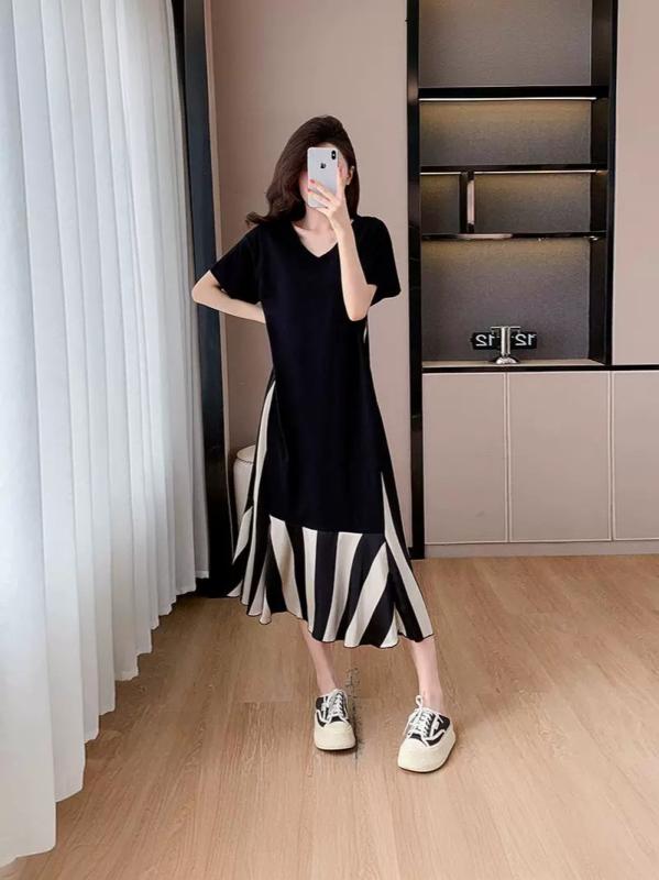 樂天商城 - ワンピース 女性用 切り替え 中長丈 大きいサイズ Tシャツワンピース ゆったりシルエット 肉感カバー スリム効果 コットン混 伸縮性 通勤 普段使い ブラック ピンク グレー 春夏 秋