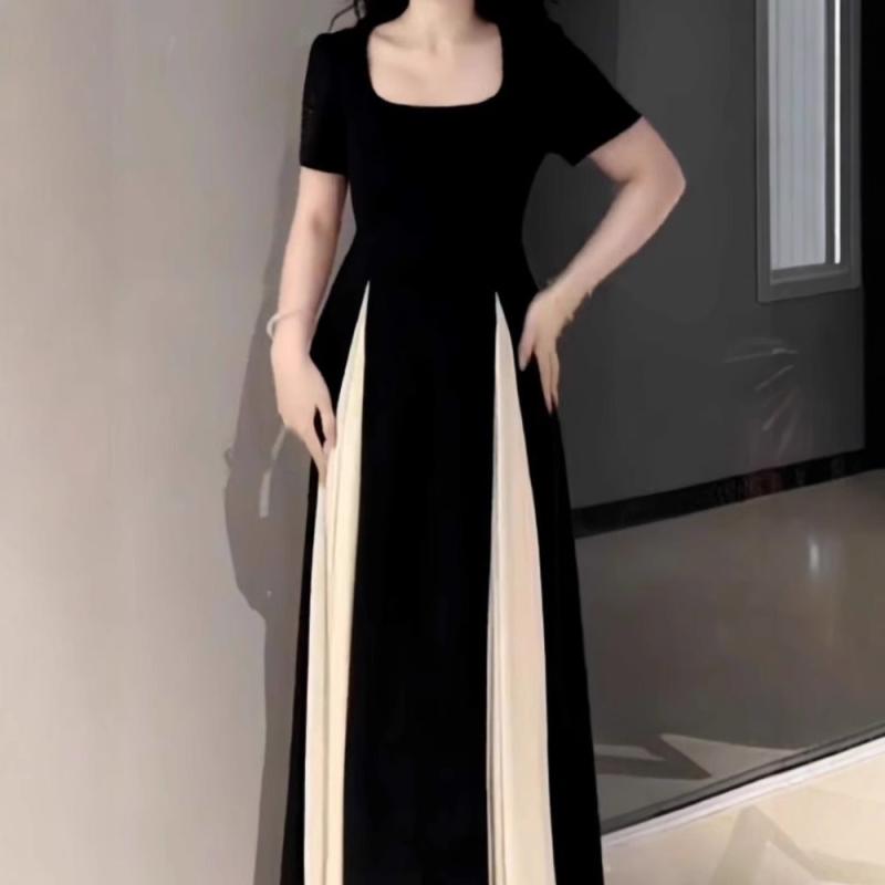 乐天商城 - ワンピース レディース 春夏 大きいサイズ 法式 切り替え 別注 女性用 夏 ぽっちゃり ウエストシェイプ 気品 ブラック スカート イージー カラーブロック コットン ミックス 軽量 伸縮性 通勤 普段使い フェミニン シルエット