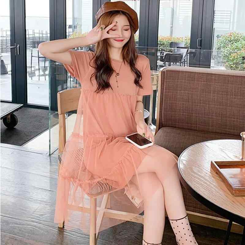 Other - ワンピース レディース 春夏 大きいサイズ ゆったりシルエット かわいい 小清新 甘め レース切り替え フェミニン ガーリー ケーキスカート ドレス 軽量 綿混 フレア 膝丈 ピンク系 アイボリー 通勤用 普段使い デート 吸湿速乾 伸縮性