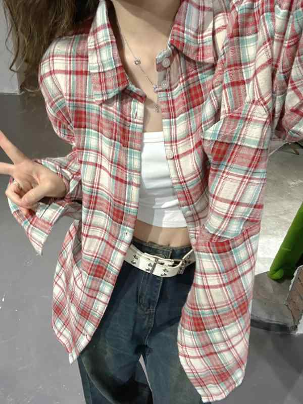 Other - シャツ 女性用 春夏 ライトグリーン 磨毛 格子柄 かわいい ビッグシルエット ゆったり トップス 綿混 吸湿速乾 軽量 外出着 日常使い カジュアル 切り替え フレッシュ 柔らかい 肌触り 爽やか デザイン