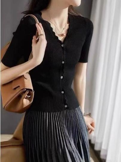 Shirts, T-Shirts - 春夏 レディース 短袖 ニット カーディガン 短め トップス Vネック 波状エッジ フィット感 接触冷感 薄手 修身 復古 軽量 吸湿速乾 綿混 ブラック ピンク系 アイボリー 普段使い 通勤用 カジュアル ビッグシルエット