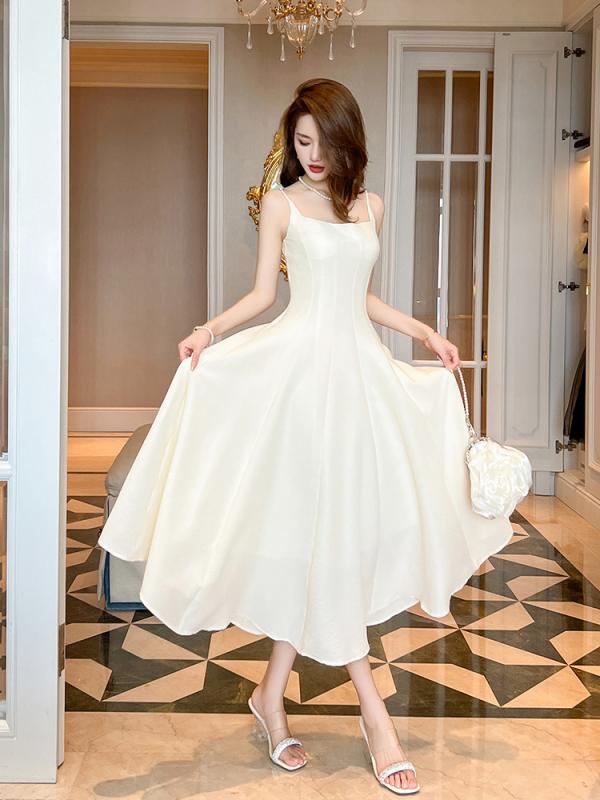 Other - ワンピース 女性用 春夏 フレンチスタイル 吊り下げ肩紐 ウエスト切り替え ロング丈 Aライン フレアスカート 軽量 吸湿速乾 仙女 気質 ピンク系 ブラック アイボリー 通勤用 普段使い カジュアル