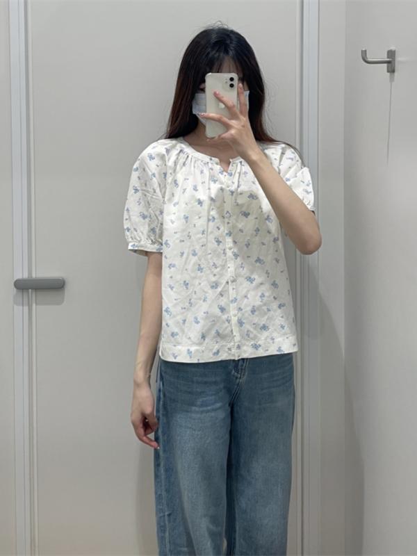 Rakuten - レディース トップス 麻混紡 花柄 フリル袖 短袖 シャツ プリーツ ブラウス 春夏 女性用 軽量 通勤 普段使い かわいい 切り替え デザイン ビッグシルエット 再生繊維 吸湿速乾