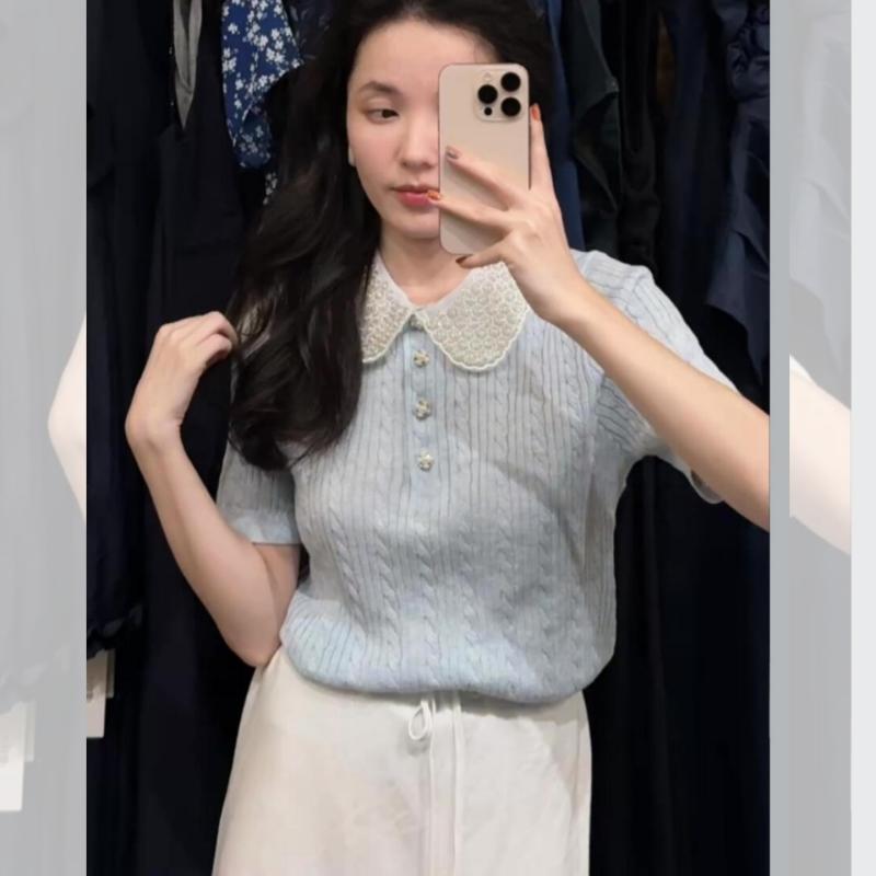 Tシャツ 女性用 夏 接触冷感 再生繊維 半袖 ブルー ビーズ装飾 ラペル コットン混 軽量 吸湿速乾 かわいい フレンチスタイル トップス ..