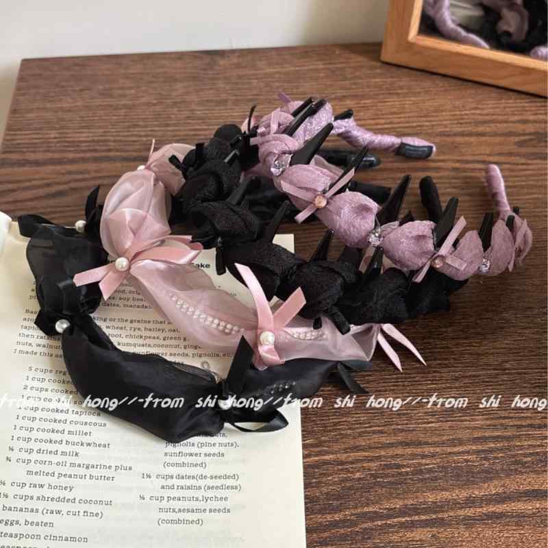ヘアアクセサリー 女性用 発髪留め 復古 手作り 古デザイン 黒晶石 蝶結び リボン 缎面 プリーツ加工 顔映り抜群 小型 頭部装飾 かわいい ヘアバンド ヘアバンド 春夏 普段使い 軽量 伸縮性