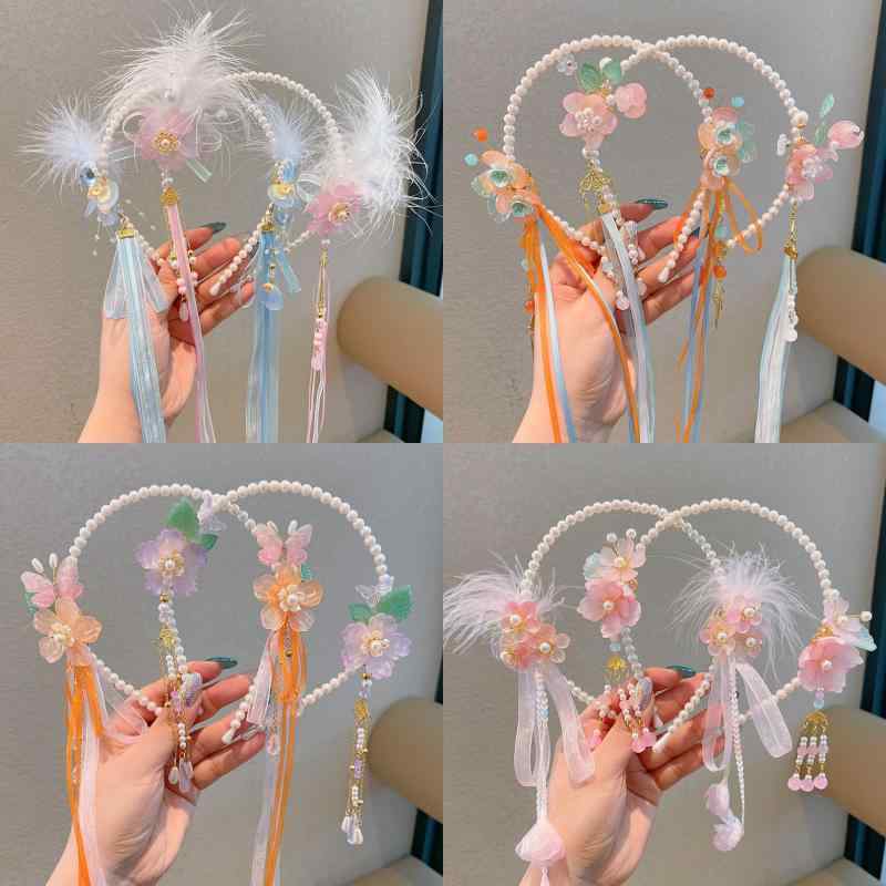 髮帶 - 女児 ヘアアクセサリー 古 ヘッドバンド 真珠 飾り 蝶結び リボン タッセル 髪飾り 女の子 かわいい ヘアバンド ピン キッズ 伝統 髪留め アクセ 女童 花飾り フリンジ