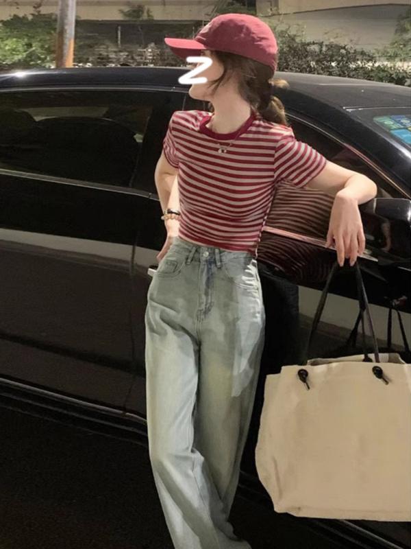 Other - Tシャツ 女性用 春夏 短袖 撞色ストライプ デザイン 修身 スリム 短丈 肩正 トップス 上衣 軽量 綿素材 通勤 普段使い カジュアル ブラック ピンク系