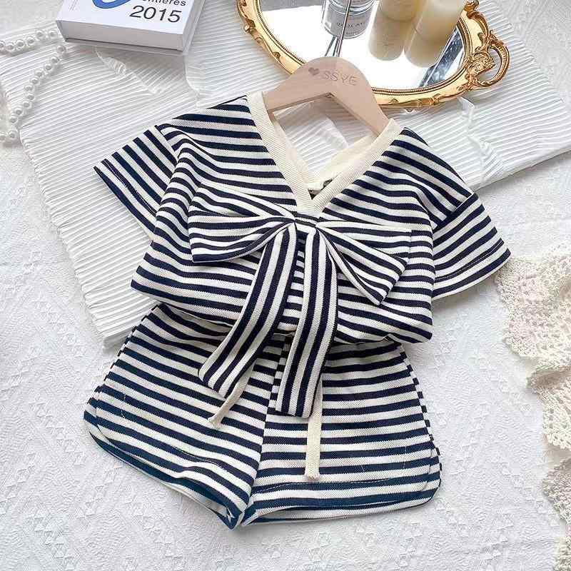 Cardigans - 女児 春夏 キッズ服 かわいい 条紋 トップス 短袖 Tシャツ 蝶結び デザイン セット ショートパンツ 綿素材 軽量 伸縮性 吸湿速乾 通学 遊び着 ピンク系 ブルー系 アイボリー ビッグシルエット 普段使い