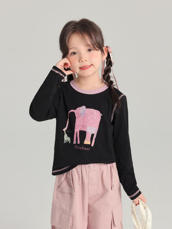 子供服 女の子 長袖 Tシャツ トップス 春夏 かわいい 卡通柄 切り替え カラー 綿素...