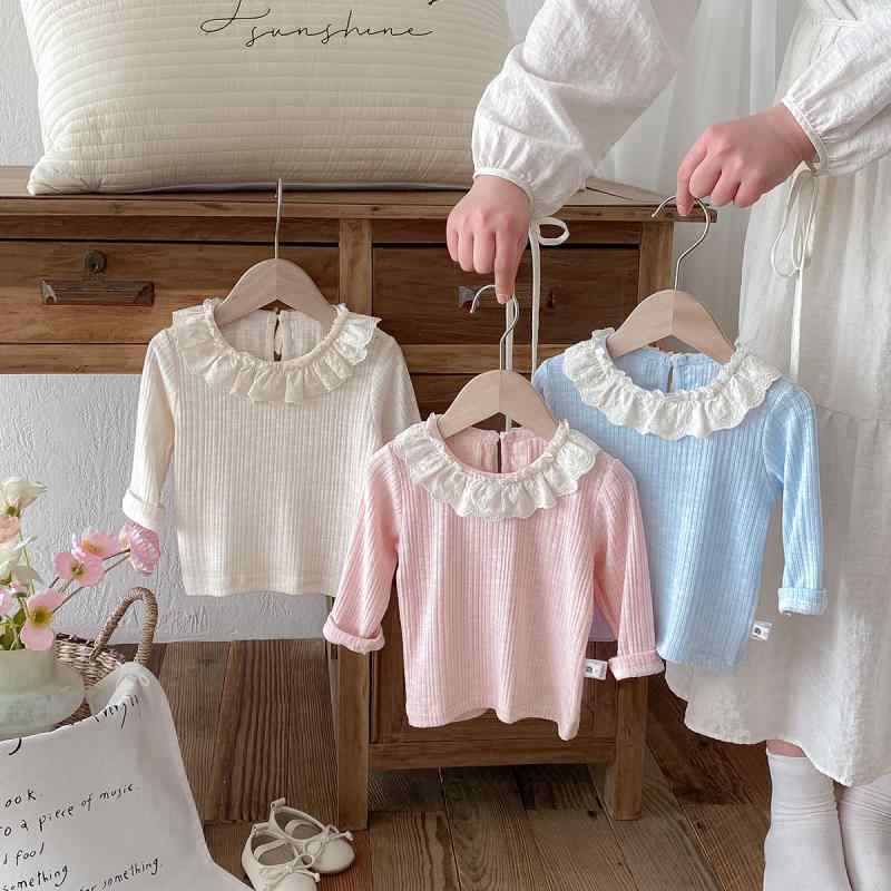 羊毛衫 - 女の子 長袖 Tシャツ 女児 春夏 トップス かわいい 花柄 フリル スタンドカラー シャツ ベビー レイヤード シャツ 綿 素材 伸縮性 ピンク アイボリー カラーバリエーション 軽量 普段使い