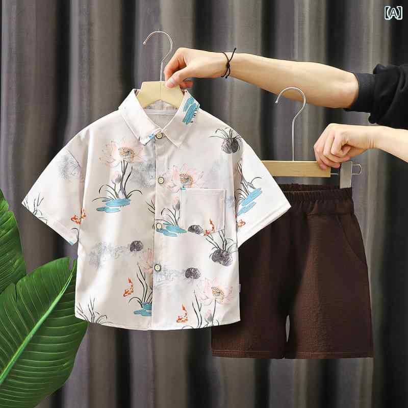 Cardigans - 子供 男の子 短袖 シャツ セット 国 スタイリッシュ 短パン セット ベビー 男児 夏用 中華 トップス 綿素材 涼しい 吸湿速乾 通気性 軽量 カジュアル 普段使い 爽やか デザイン
