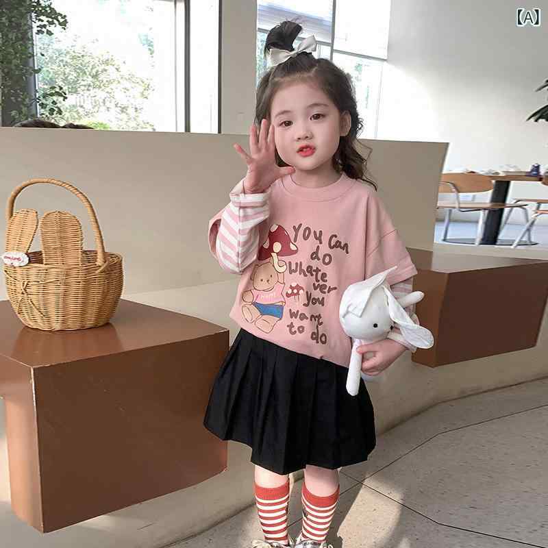 女の子 Tシャツ トップス 子供服 春秋 春夏 秋冬 ストリップ柄 レイヤード ファッ...