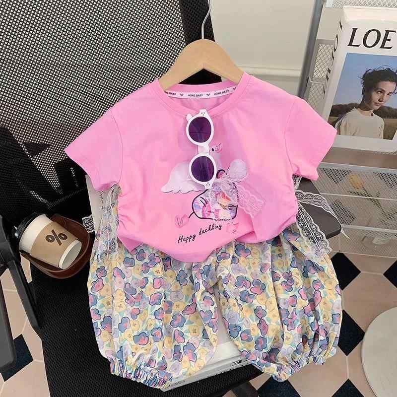 Cardigans - 女児 春夏 トップス かわいい レース プリント Tシャツ 蚊除け ショートパンツ セット 綿素材 軽量 伸縮性 吸湿速乾 通気性 ピンク系 アイボリー 普段使い アウトドア 子供服