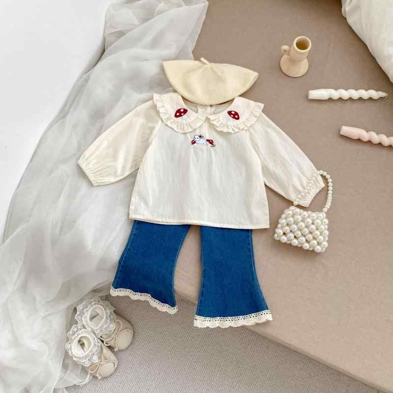 女児 春夏 トップス シャツ 刺繍 フリル 襟 長袖 綿 デニム パンツ ハイウエスト ...