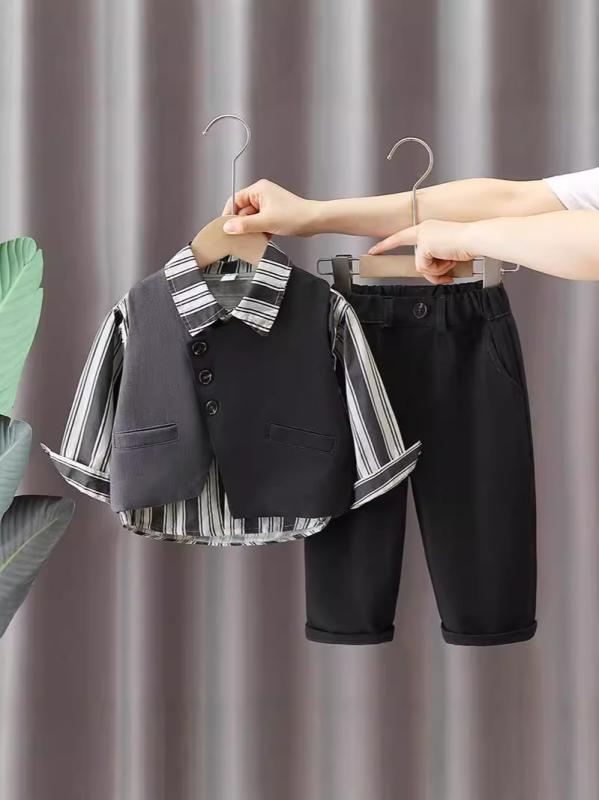Cardigans - 男児 子供服 男の子 西装 セット 春秋 春季 ジャケット ベスト シャツ フォーマル 礼服 通学用 コットン混紡 軽量 伸縮性 ネイビー グレー ブラック ビッグシルエット ボタン留め ポケット付き