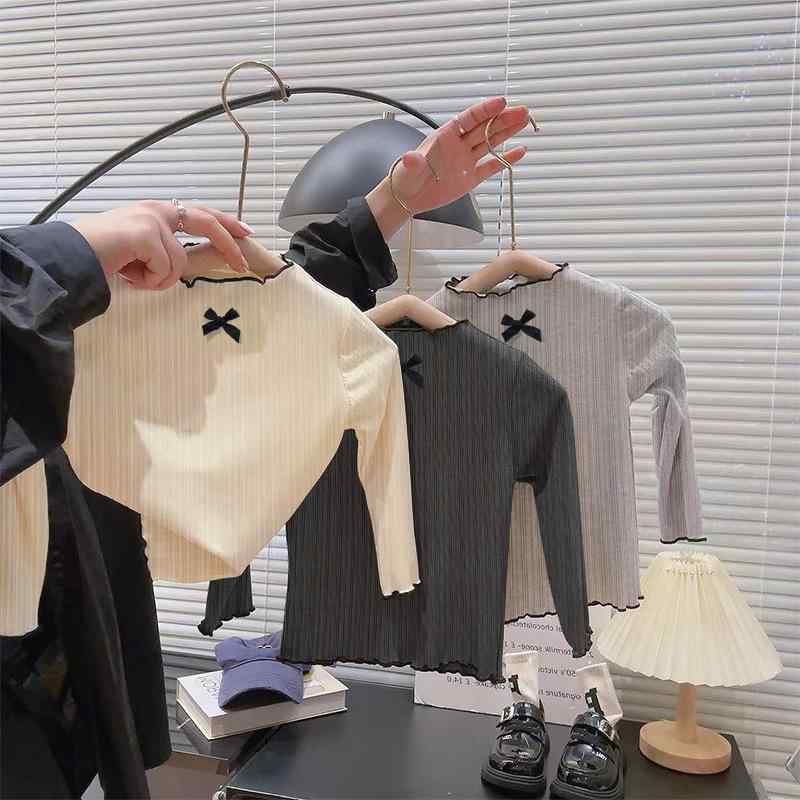 女の子 長袖 Tシャツ 木耳レース 蝶結び 長袖トップス 秋 女児 ベビー 百搭 インナ...