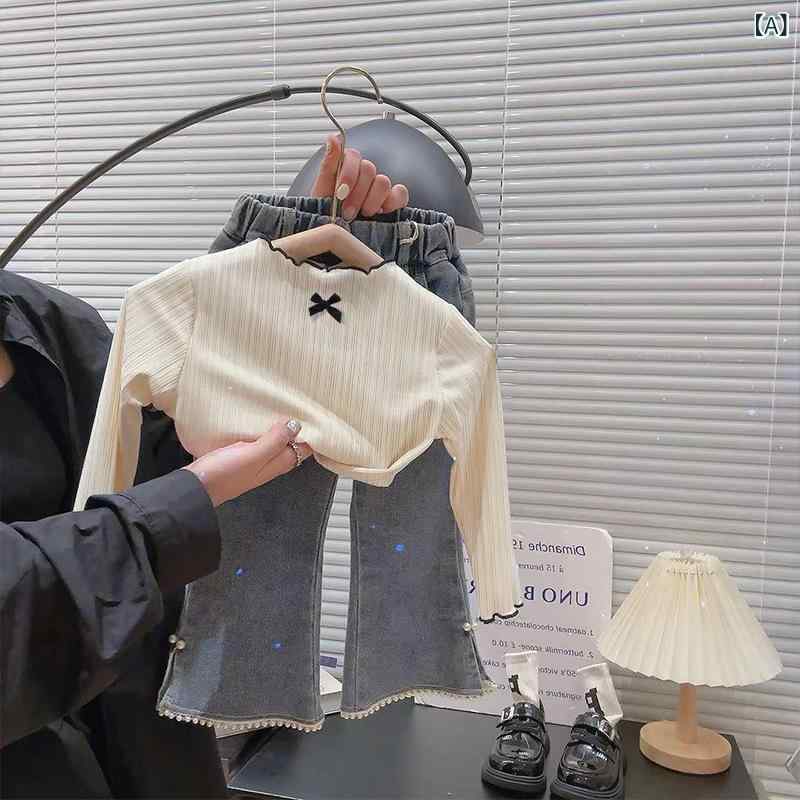 女の子 長袖 Tシャツ 木耳レース 蝶結び 長袖トップス 秋 女児 ベビー 百搭 インナ...