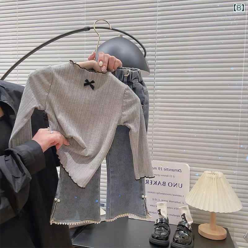 女の子 長袖 Tシャツ 木耳レース 蝶結び 長袖トップス 秋 女児 ベビー 百搭 インナ...