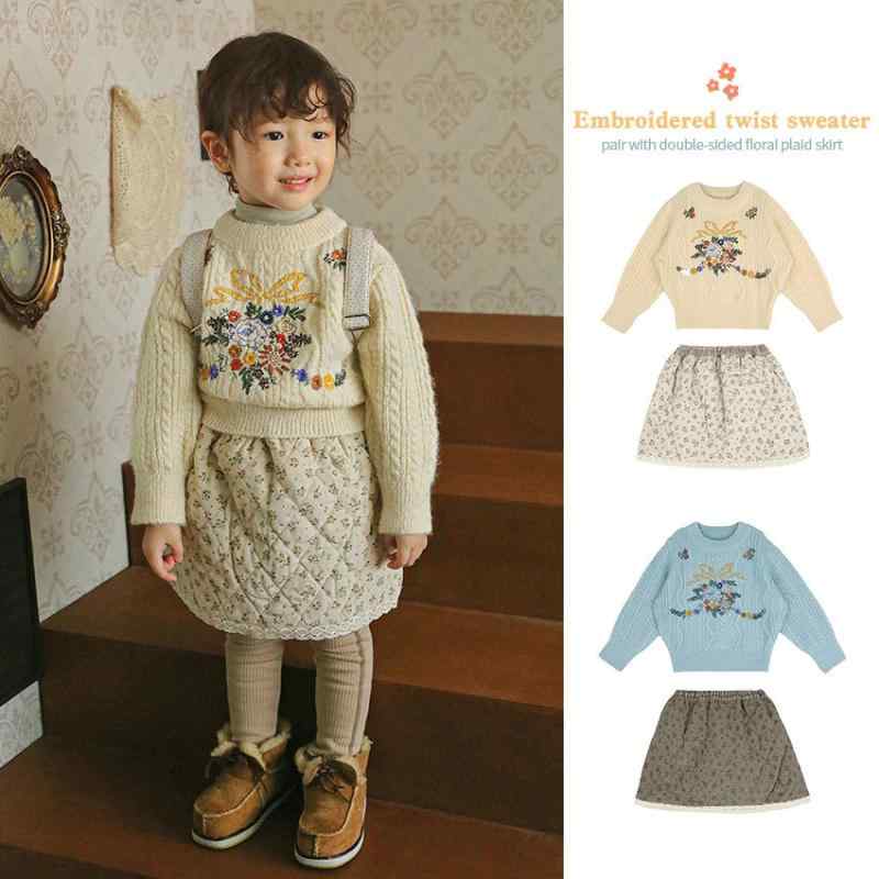 T-Shirts （Short Sleeve） - キッズ 女の子 冬 毛衣 スカート セット 秋冬 暖か ファッション 復古 かわいい ニット トップス フレア ロングスカート 柔らかい 綿混 日常使い 学校着 子供服