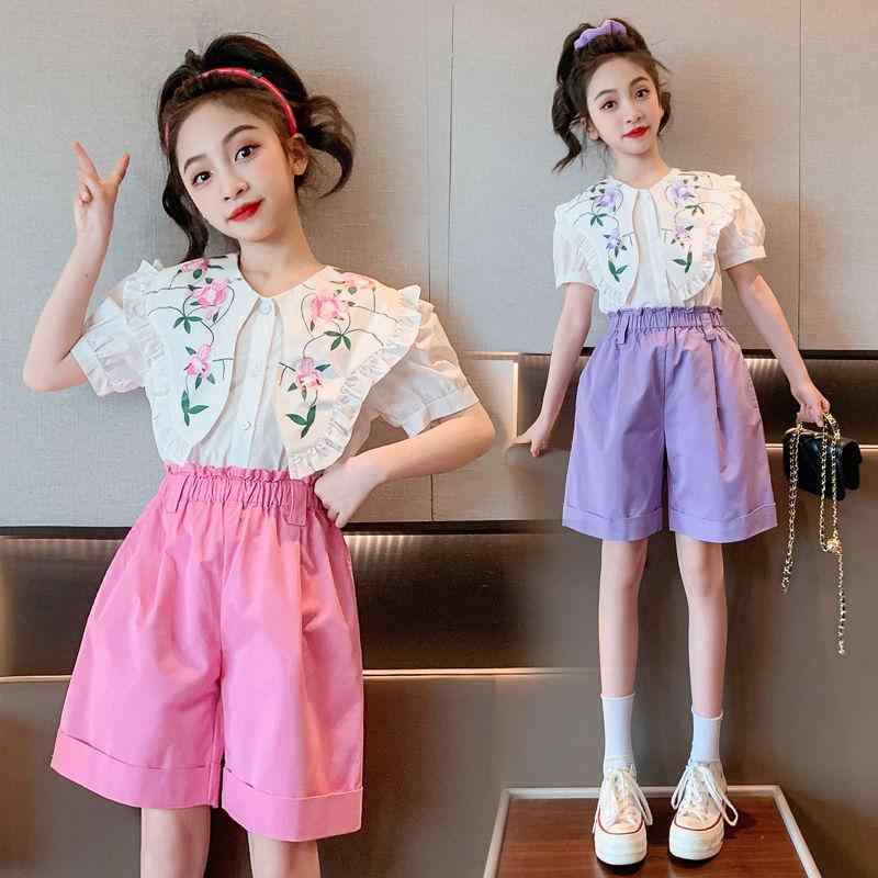 T-Shirts （Short Sleeve） - 女の子 セットアップ 春夏 フラワー柄 シャツ フリル スタイリッシュ ガールズ 子供服 ゆったり カジュアル ショートパンツ 綿 素材 軽量 吸湿速乾 ピンク系 アイボリー 普段使い 通学 遊び着