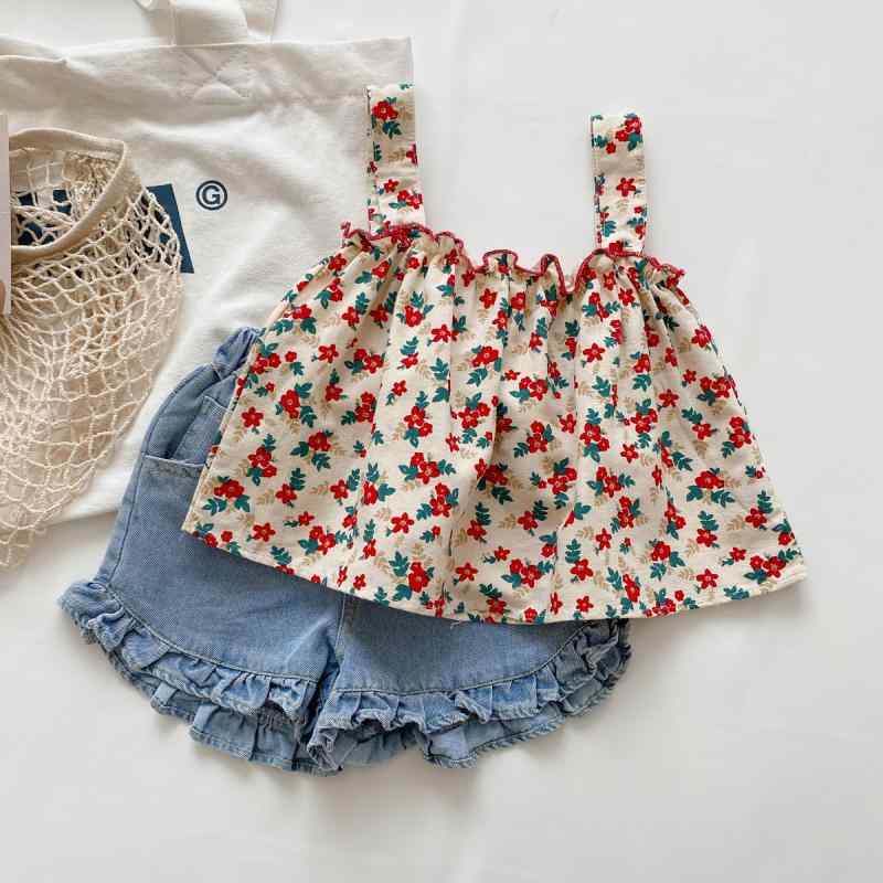 乐天商城 - 女児 吊り紐 キャミソール セット 花柄 かわいい 夏服 トップス デニム ショートパンツ 2点セット 通気性 コットン 素材 軽量 動きやすい ガールズ 春夏 コーデ