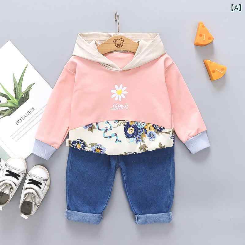 Rakuten - 女の子 切り替え フード フラワー柄 トップス 長袖 秋冬 キッズ 服 セット 上下 綿混 柔らかい かわいい デザイン 通学 普段使い