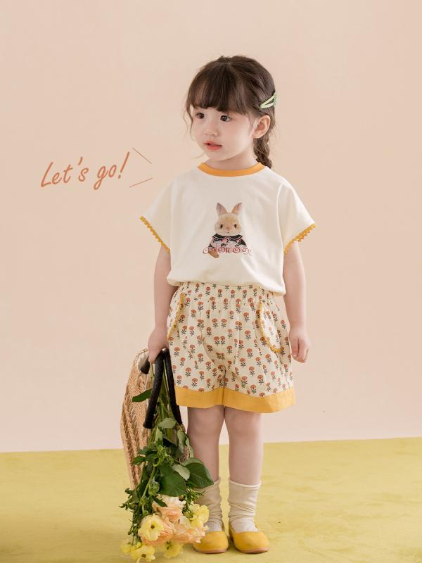 Blouses, Shirts - 女の子 子供服 かわいい ウサギ柄 春夏 セットアップ トップス 綿 プリント ショートパンツ ベビー 2点セット 通気性 軽量 普段使い ピンク系 花柄 半袖 コットン素材 幼児用 遊び着 爽やか デザイン
