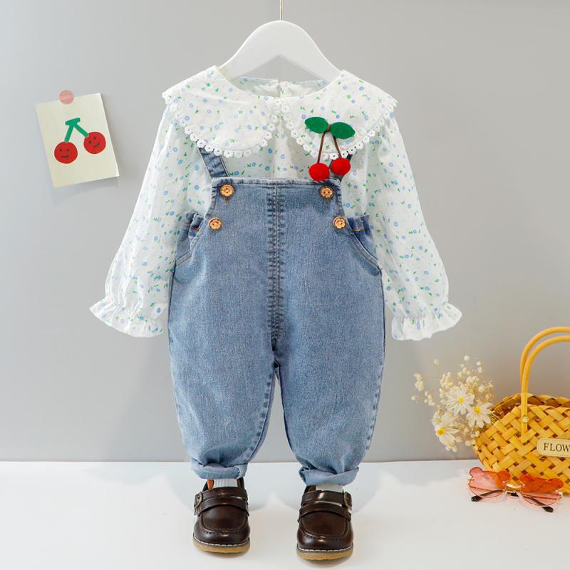Blouses, Shirts - 女の子 春夏 トップス かわいい フラワー柄 プリント コットン 綿素材 牛仔 デニム 背広パンツ セット 幼児服 子供服 女児 普段使い 軽量 通気性 伸縮性 ピンク系 アイボリー カジュアルスタイル