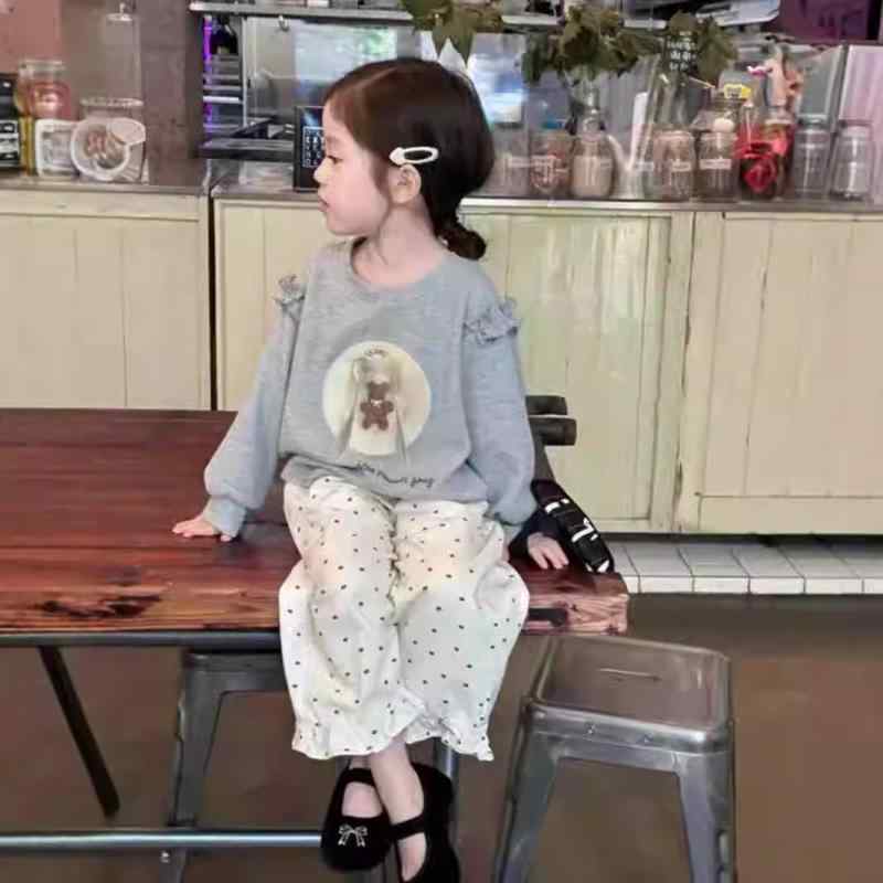 樂天商城 - 女の子 洋服 セット 春秋 子供服 かわいい グレー ベアプリント 丸首 トップス ポルカドット ロングパンツ 通学用 普段使い 柔らかい 綿素材 ゆったりシルエット 伸縮性 軽量 吸湿速乾 ベーシックスタイル