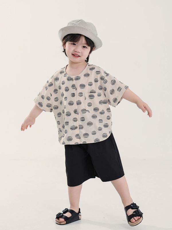 Rakuten - 男児 シャツ キッズ 夏服 トップス 子供服 丸首 半袖 薄手 ポルカドット 柄 綿素材 吸湿速乾 通気性 軽量 春夏 普段使い カジュアル かわいい デザイン ピンク系 アイボリー