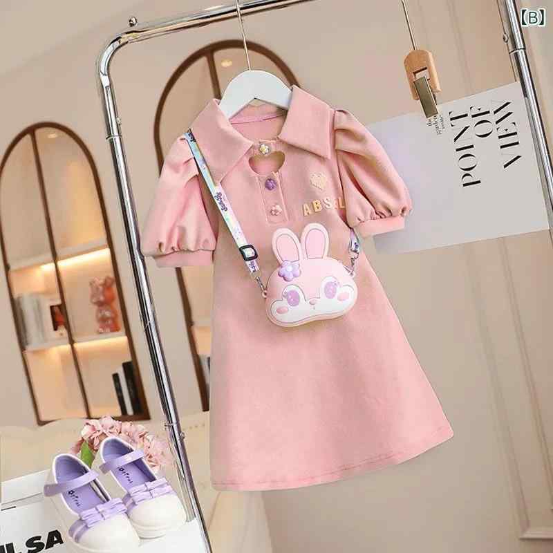 リバーパディの女の子 ワンピース 春夏 子供用 かわいい ポロ フレアスカート 泡泡袖 Aライン トップス 綿素材 軽量 通気性 伸縮性 ピンク系 アイボリー 普段使い 遊び着 女児服 洋服 ドレス｜アングル2