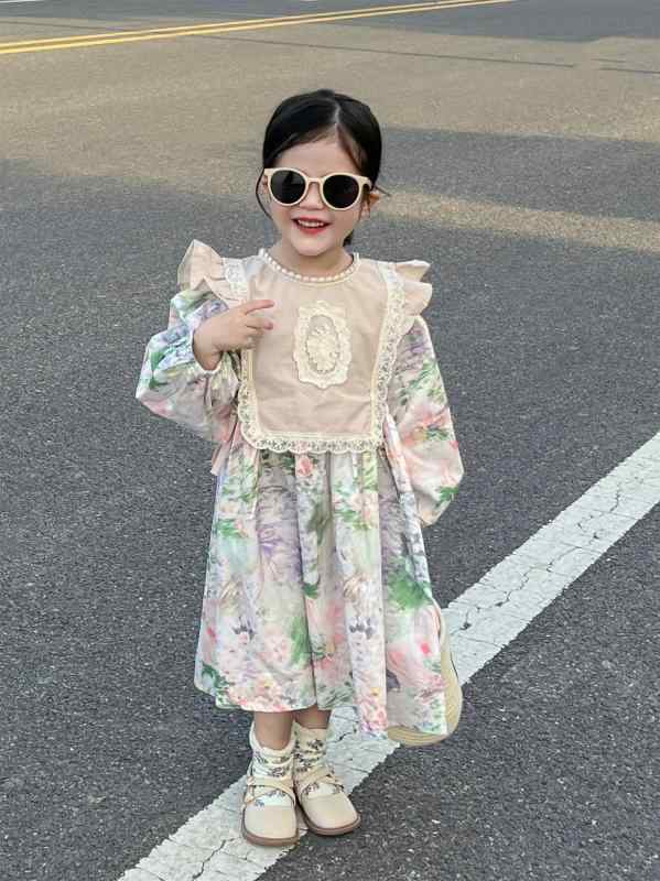 女児 秋冬 秋服 気品 宮廷 レース フレアスリーブ 罩衫 花柄 泡泡袖 プリンセス ワンピース セット トップス ドレス コットン 混 軽量 伸縮性 フレア ピンク アイボリー