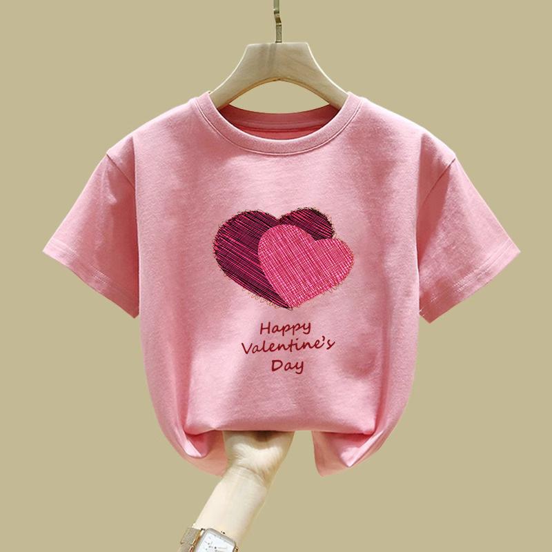 女の子 半袖 Tシャツ 夏用 ハート デザイン 綿素材 吸湿速乾 軽量 通気性 カジュアル トップス かわいい プリント 子供服 普段使い ピンク系 アイボリー 春夏 伸縮性 ソフト 半袖 シャツ