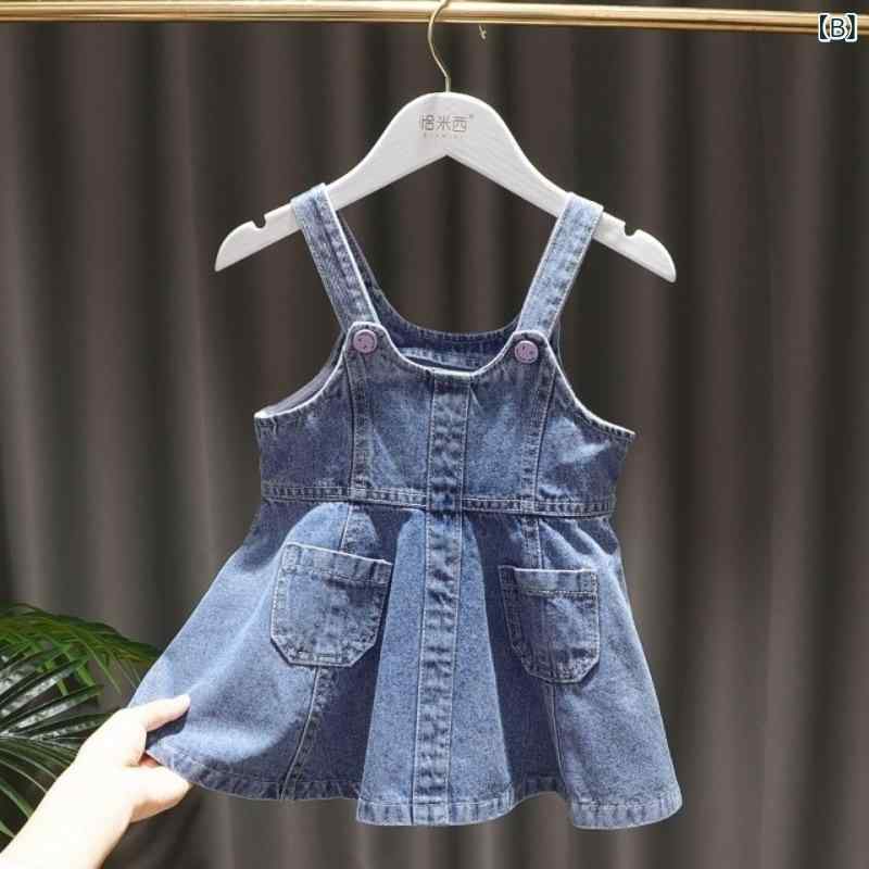 女の子 春夏 ワンピース 子供 デニム 背広裙 泡泡袖 セット トップス かわいい 洋...