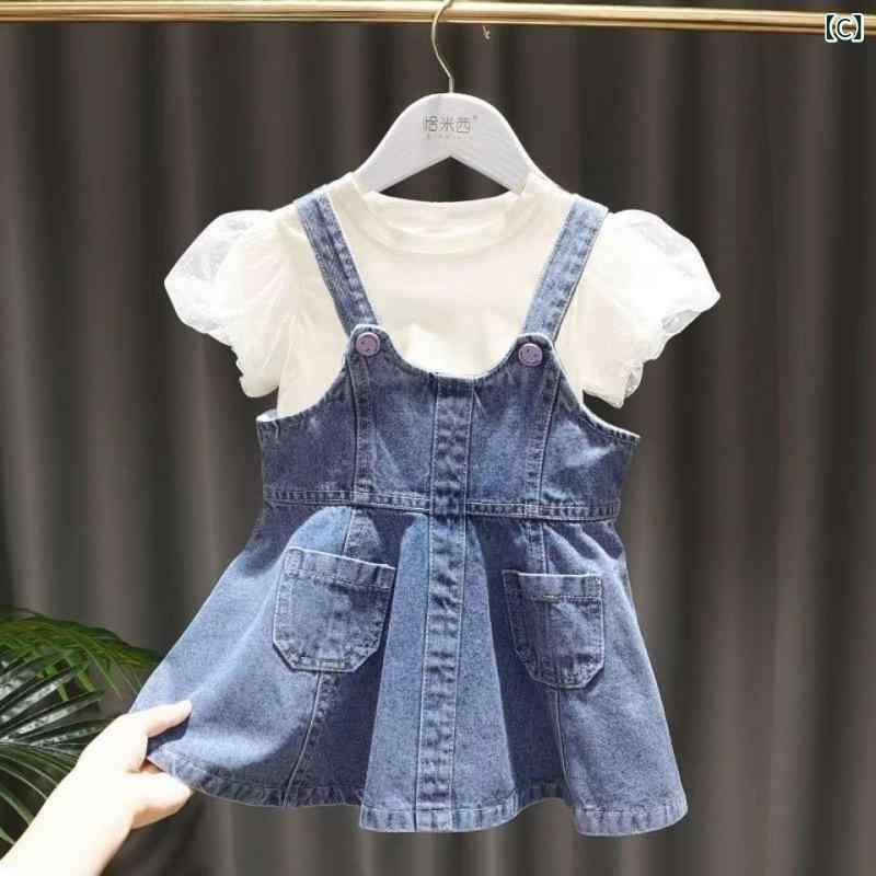 女の子 春夏 ワンピース 子供 デニム 背広裙 泡泡袖 セット トップス かわいい 洋...