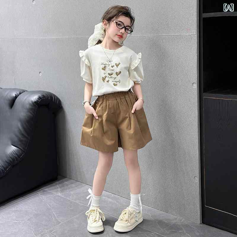 女児 トップス ショートパンツ セット 春夏 かわいい 花柄 レース フレアスリーブ ...