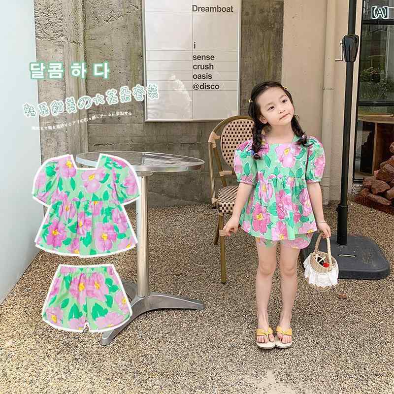 女の子 キッズ 春夏 かわいい セットアップ 泡泡袖 トップス 花柄 ショートパンツ 綿素材 軽量 伸縮性 通気性 普段使い 遊び着 ピンク系 アイボリー