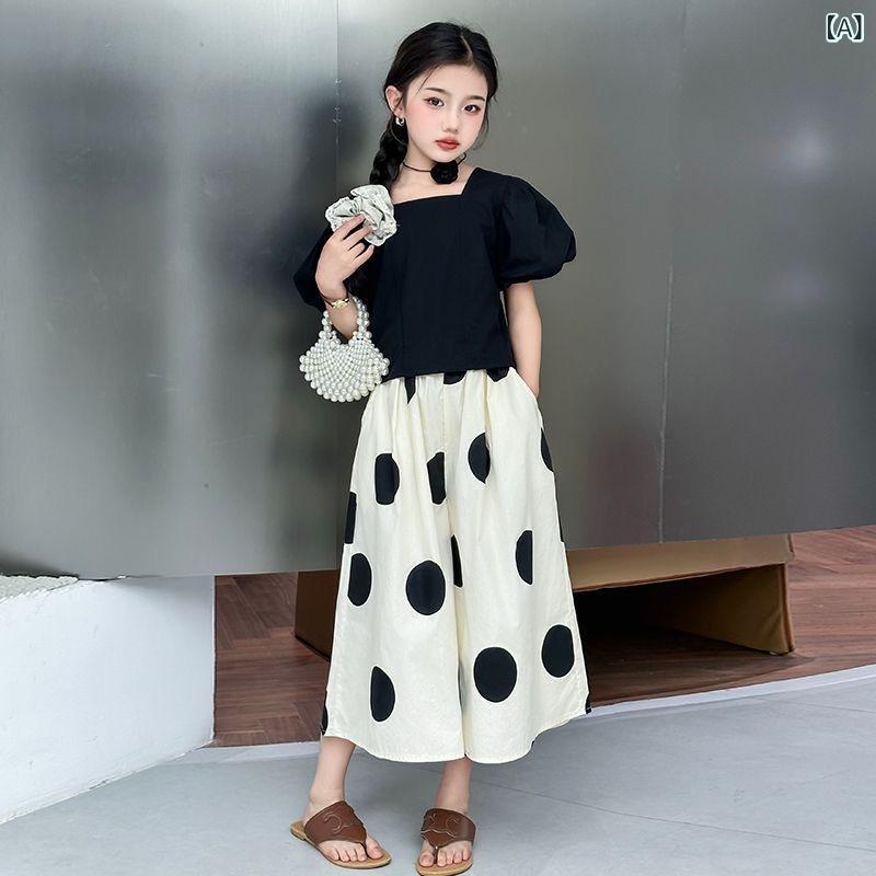 女の子 セットアップ 春夏 子供服 薄手 泡泡袖 トップス スカート パンツ 2点セッ...
