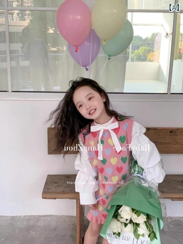 女の子 子供服 セット 秋冬 韓国 トップス 泡泡袖 蝶結び シャツ ハート ニット プリンセス スカート かわいい 柔らかい 素材 長袖 フレア シルエット 秋 コーデ 普段使い