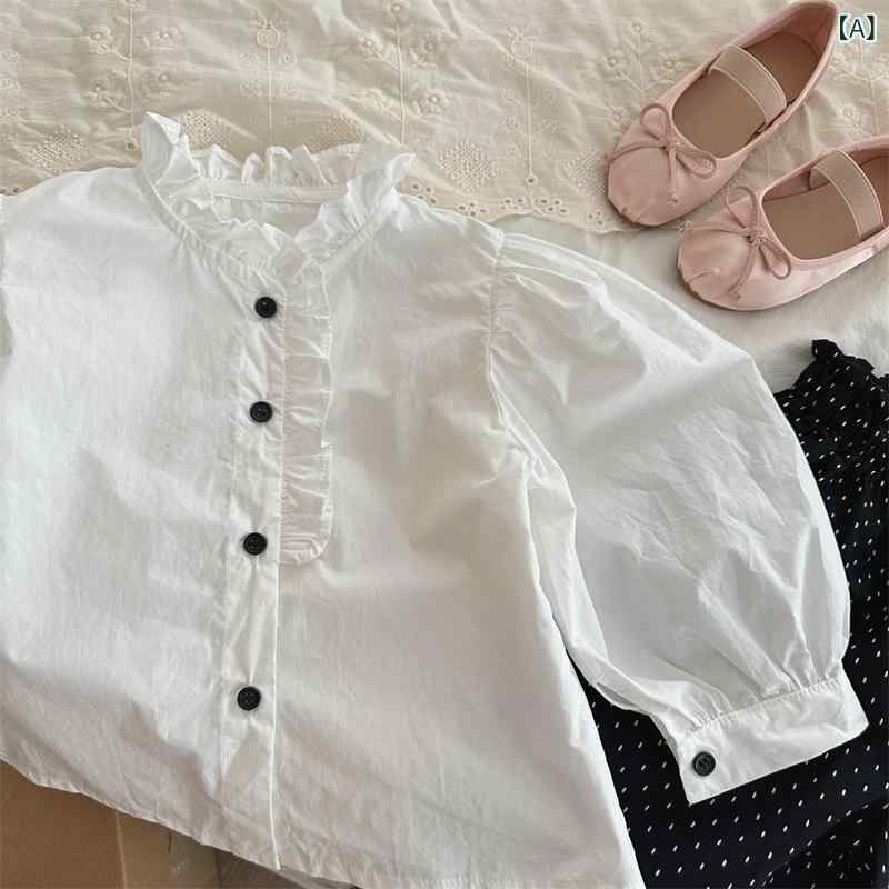 女児 シャツ 秋冬 立襟 木耳エッジ 泡泡袖 長袖 色 トップス 子供服 女の子用 コッ...