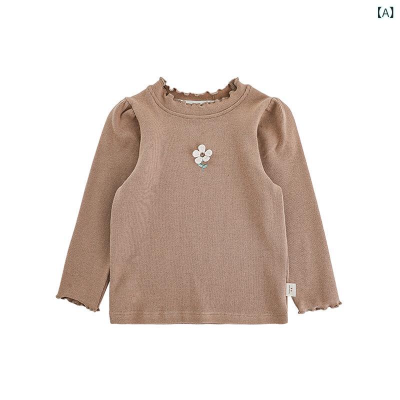 子供用 女の子 トップス 色 立体刺繍 修身 インナー 冬 ギャザー 泡泡袖 保暖 Tシ...