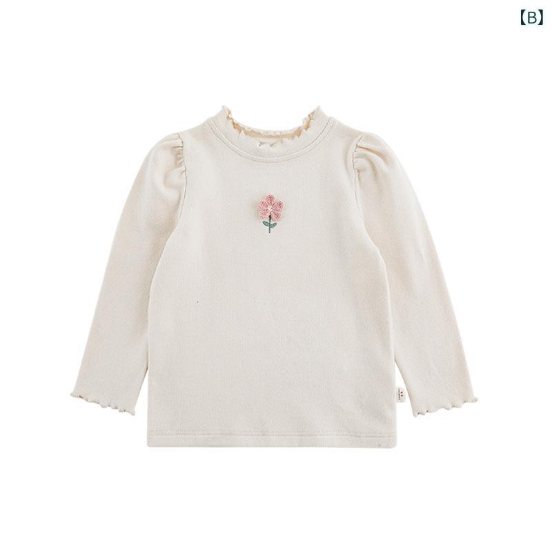 子供用 女の子 トップス 色 立体刺繍 修身 インナー 冬 ギャザー 泡泡袖 保暖 Tシ...