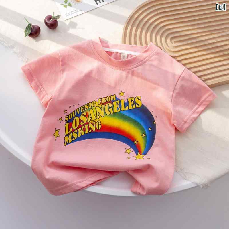 女の子 トップス 短袖 Tシャツ 春夏 かわいい プリント 泡泡袖 デザイン 綿素材 軽...