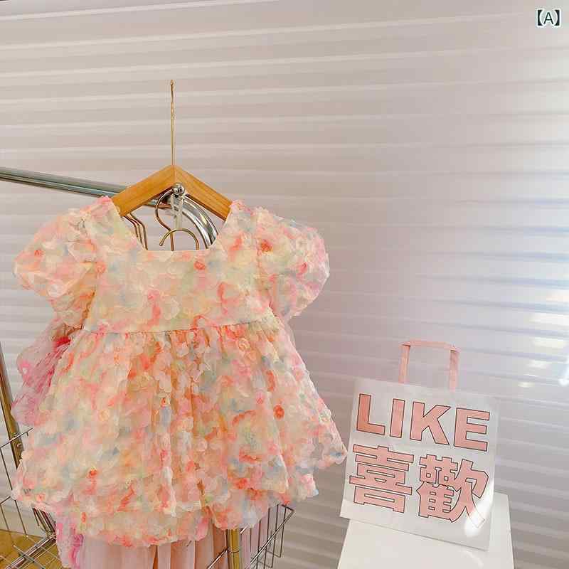 女の子 春夏 セットアップ かわいい 立体花柄 フレア袖 トップス ショートパンツ ...