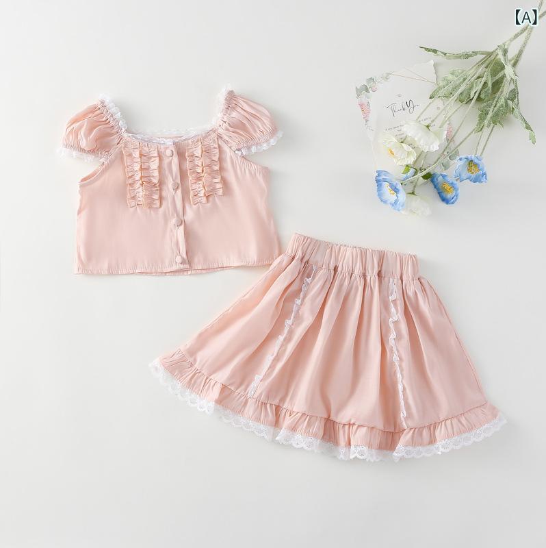 女の子 子供服 春夏 セットアップ 花柄 フリル 襟 ふんわり 袖 ブラウス プリーツ ...